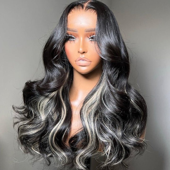 Funky Colored Wigs | Glueless 13x4/6x4.5 Money Piece Light Blonde Mix Black Body Wave Pre Cut HD Transaparent Lace Human Hair Wigs With Breathable Cap Highlights Air Wig - Geeta Hair - GeetaHair