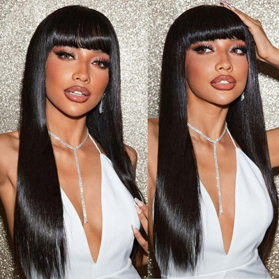 Buy 1 Get 1 Free: Long Straight Hair With Bangs Natural Black Hair Wig - Flash Sale - GeetaHair