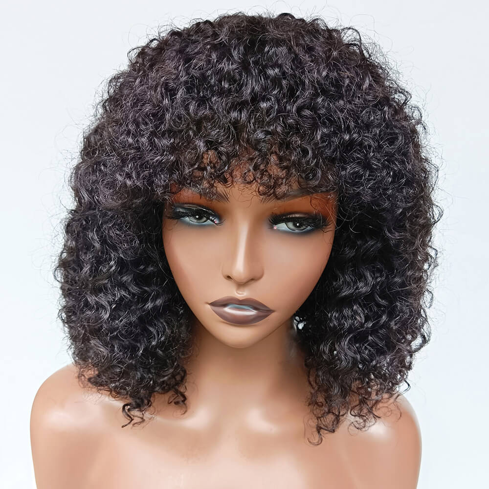 Black Curly Hair Wig With Bangs 100% Unprocessed Brazilian Human Hair Wig - Geeta Hair - GeetaHair