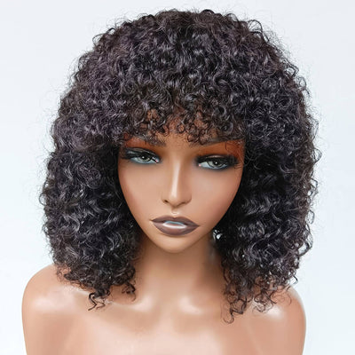 Black Curly Hair Wig With Bangs 100% Unprocessed Brazilian Human Hair Wig - Geeta Hair - GeetaHair