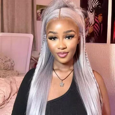 Silver Straight HD Transparent Lace Front Wig Gray Human Hair Wigs Pre Plucked With Baby Hair - GeetaHair
