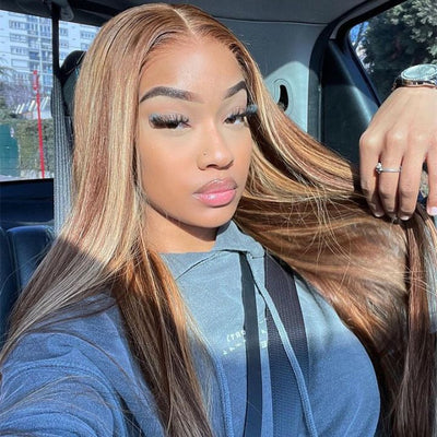 Funky Colored Wigs | Glueless 13x4/6x4.5 Highlight Brown/Blonde Pre Cut HD Transaparent Lace Human Hair Wigs With Breathable Cap Highlights Air Wig - Geeta Hair - GeetaHair