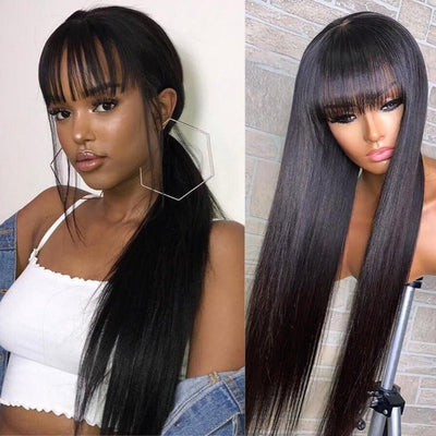 Buy 1 Get 1 Free: Long Straight Hair With Bangs Natural Black Hair Wig - Flash Sale - GeetaHair