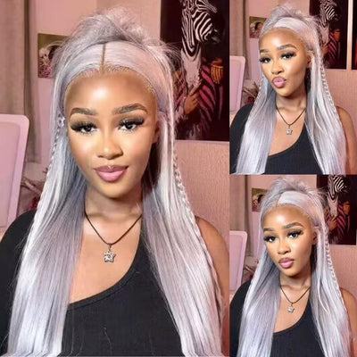 Silver Straight HD Transparent Lace Front Wig Gray Human Hair Wigs Pre Plucked With Baby Hair - GeetaHair