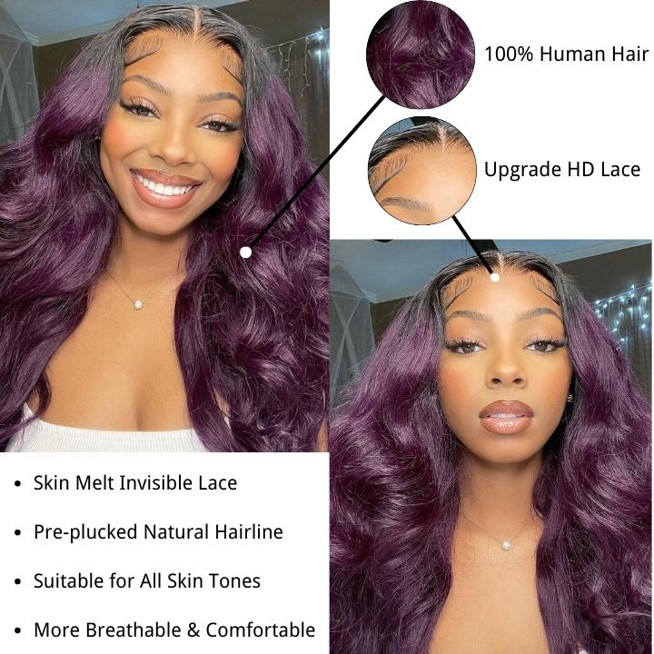 Funky Colored Wigs | Smokey Deep Purple 13x4 Lace Front Body Wave Wig With Black Roots Ombre Colored HD Lace Human Hair Wigs - Geeta Hair - GeetaHair