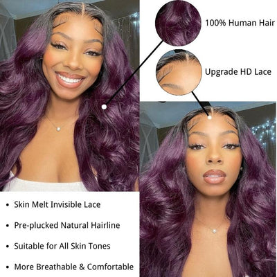Funky Colored Wigs | Smokey Deep Purple 13x4 Lace Front Body Wave Wig With Black Roots Ombre Colored HD Lace Human Hair Wigs - Geeta Hair - GeetaHair