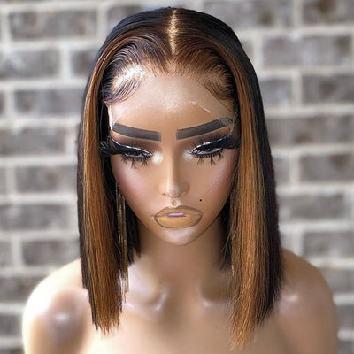 Skunk Stripe Hair Straight Lace Front Bob Wig With Brown Highlight HD Transparent Lace Human Hair Bob Wigs - GeetaHair