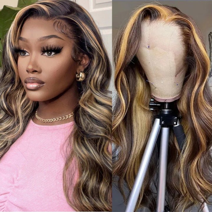 Blonde Balayage On Dark Hair Body Wave 5x5 Lace Closure Wig Highlight HD Transparent Human Hair Wigs - GeetaHair