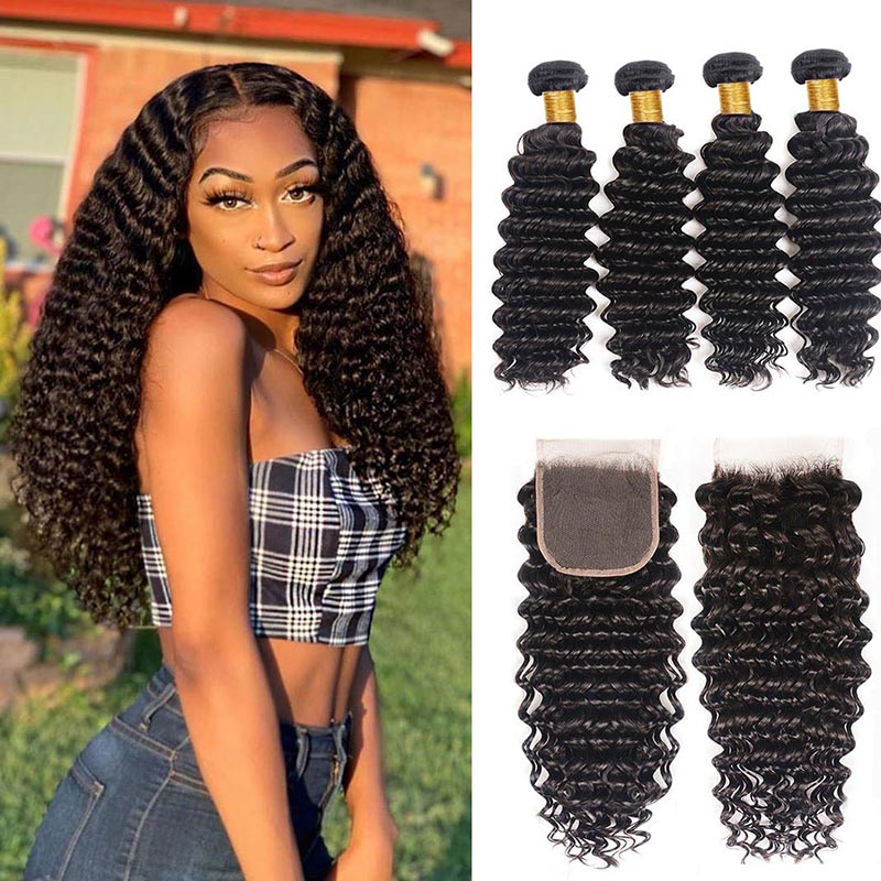 GeetaHair Deep Wave 4 Bundles with 4x4 Lace Closure Unprocessed Virgin Hair - GeetaHair