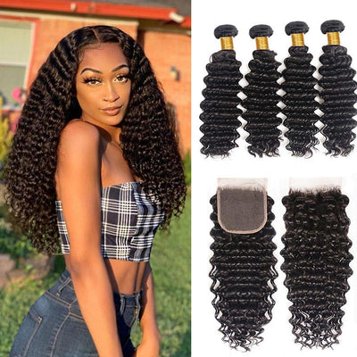 GeetaHair Deep Wave 4 Bundles with 4x4 Lace Closure Unprocessed Virgin Hair - GeetaHair