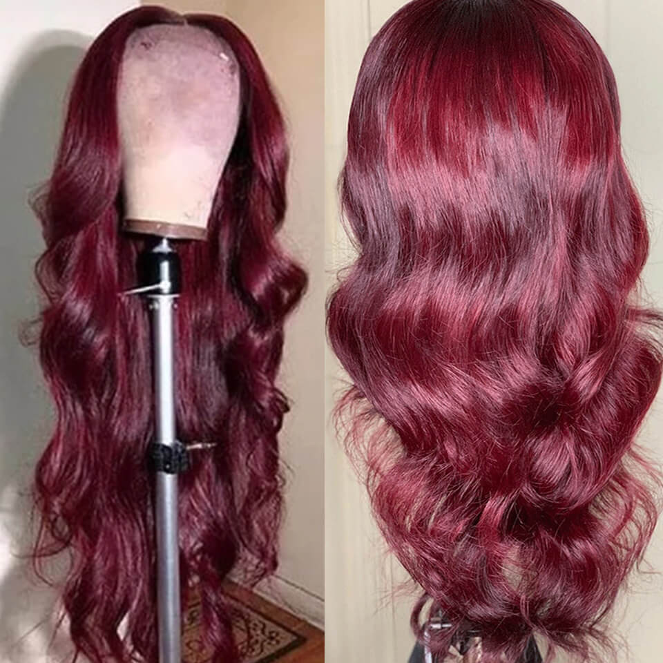 Body Wave Hair 99j Burgundy T Part Lace Front Wig 100% Virgin Real Human Hair Wig - Geeta Hair - GeetaHair