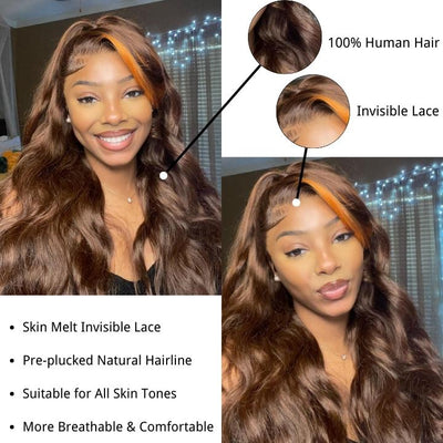 Money Piece Ginger Body Wave HD Transparent Lace Front Wigs Glueless Skunk Stripe Orange Human Hair Wigs - GeetaHair - GeetaHair