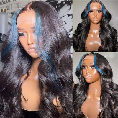 Funky Colored Wigs | Money Piece Highlight Blue 13x4/4x4 Transparent Lace Front Wig Skunk Stripe Straight/Body Wave Lace Color Human Hair Wigs - Geeta Hair - GeetaHair