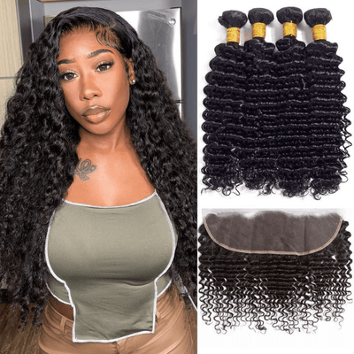 GeetaHair Deep Wave 4 Bundles with 13x4 Lace Frontal Virgin Human Hair Extensions - GeetaHair
