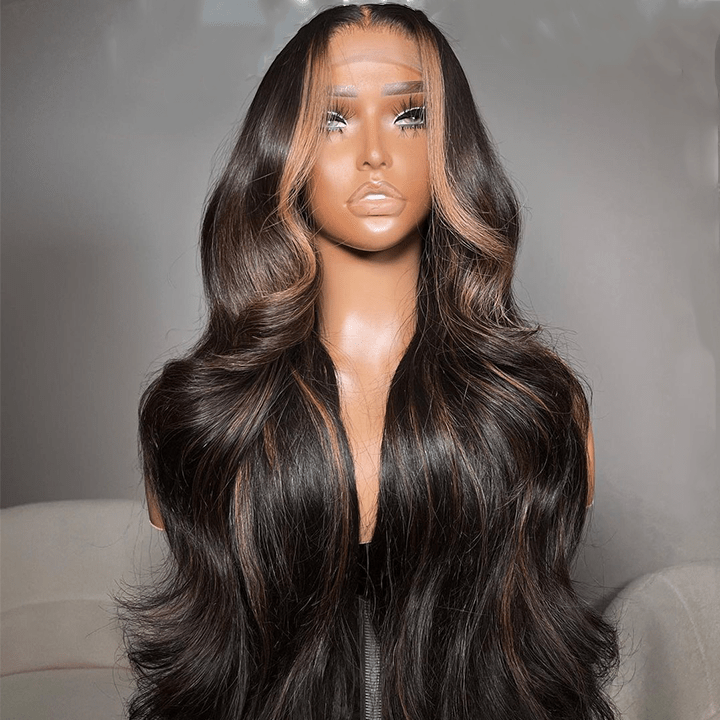 Geeta Money Piece Brown Body Wave HD Transparent Lace Front Wigs Glueless Skunk Stripe Color Human Hair Wigs - GeetaHair