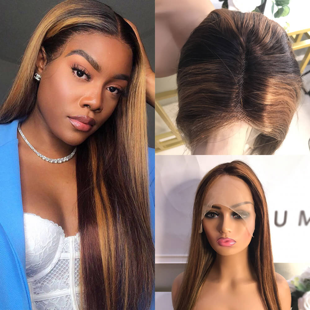 Long Straight Hair Honey Blonde Highlights T Part Lace Front Wig Pre Plucked With Baby Hair 100% Virgin Humam Hair Wig - Geeta Hair - GeetaHair