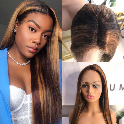 Long Straight Hair Honey Blonde Highlights T Part Lace Front Wig Pre Plucked With Baby Hair 100% Virgin Humam Hair Wig - Geeta Hair - GeetaHair