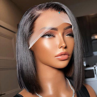 Short Straight Glueless HD Lace Front Bob Wig Natural Black Pre Plucked Human Hair Bob Wigs - Geetahair - GeetaHair