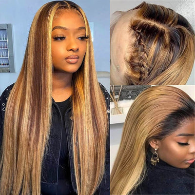 Long Straight Hair Honey Blonde Highlights T Part Lace Front Wig Pre Plucked With Baby Hair 100% Virgin Humam Hair Wig - Geeta Hair - GeetaHair