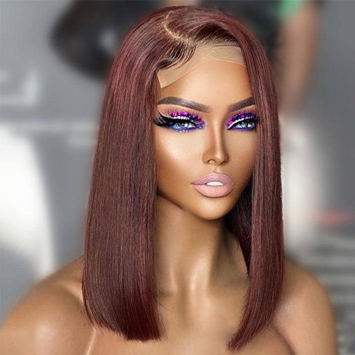 Straight Reddish Brown Bob Wig Colored HD Transparent Short Human Hair Wigs - GeetaHair