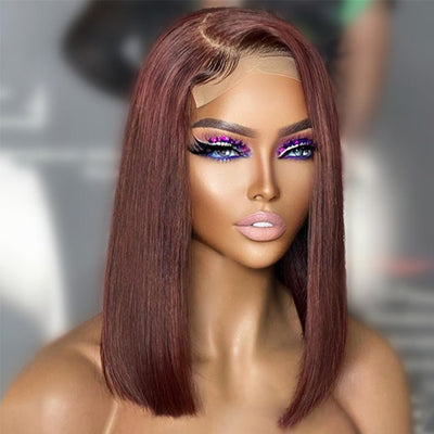 Straight Reddish Brown Bob Wig Colored HD Transparent Short Human Hair Wigs - GeetaHair