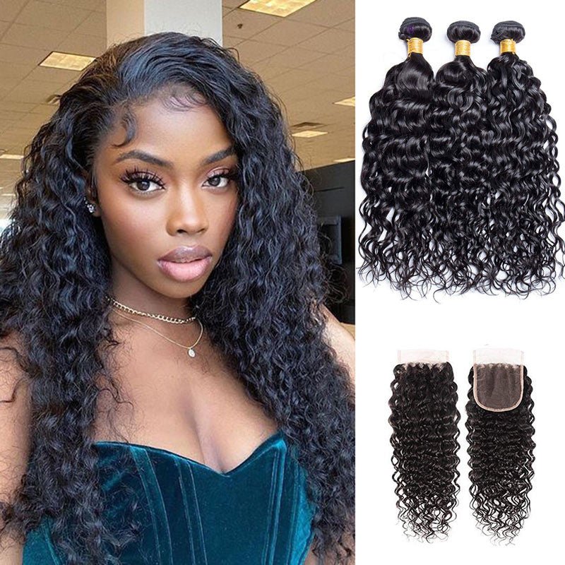 Geetahair Water Wave Hair 3 Bundles with 4x4 Lace Closure 100% Virgin Human Hair on Sale - GeetaHair