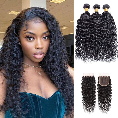 Geetahair Water Wave Hair 3 Bundles with 4x4 Lace Closure 100% Virgin Human Hair on Sale - GeetaHair