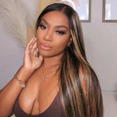 Balayage Straight Hair Honey Blonde 13x4/4x4 Lace Front Wig Face Frame Highlights Human Hair Wigs - GeetaHair