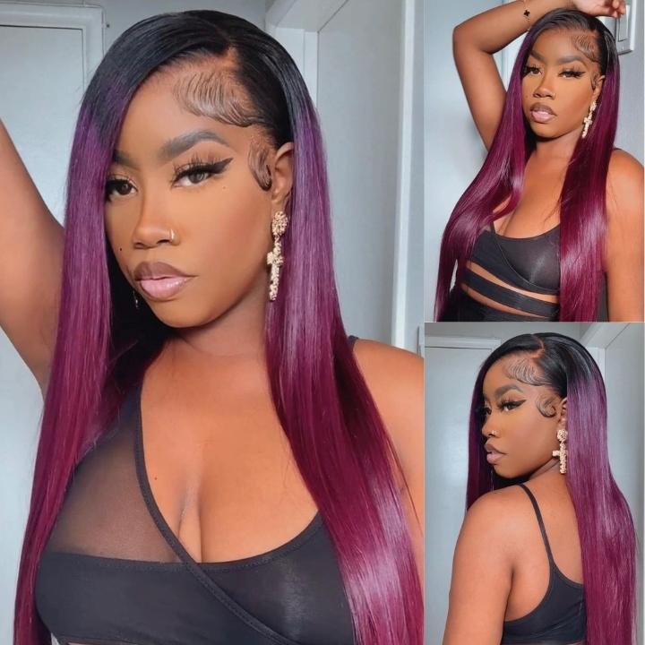 Funky Colored Wigs | Smokey Deep Purple 13x4 Lace Front Straight Wig With Black Roots Ombre Colored HD Lace Human Hair Wigs - Geeta Hair - GeetaHair