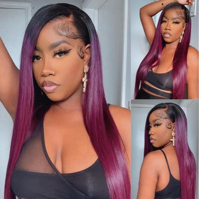 Funky Colored Wigs | Smokey Deep Purple 13x4 Lace Front Straight Wig With Black Roots Ombre Colored HD Lace Human Hair Wigs - Geeta Hair - GeetaHair