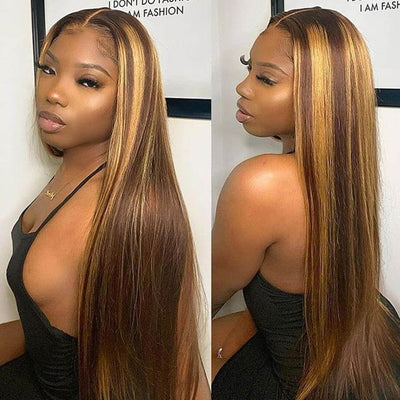 Long Straight Hair Honey Blonde Highlights T Part Lace Front Wig Pre Plucked With Baby Hair 100% Virgin Humam Hair Wig - Geeta Hair - GeetaHair