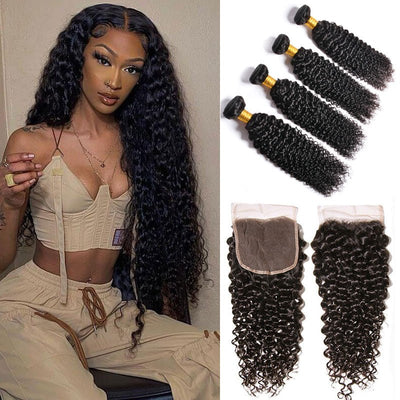 GeetaHair Curly Hair 4 Bundles with 4x4 Lace Closure 100% Unprocessed Human Hair - GeetaHair