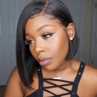 24 Hours Shipping Short Straight HD Lace Bob Wig Natural Black Pre Plucked With Baby Hair Human Hair Wig - GeetaHair