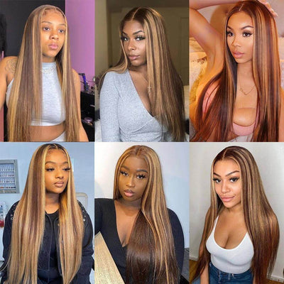 Long Straight Hair Honey Blonde Highlights T Part Lace Front Wig Pre Plucked With Baby Hair 100% Virgin Humam Hair Wig - Geeta Hair - GeetaHair