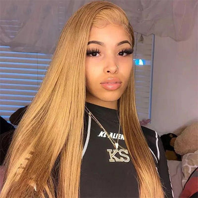 Honey Blonde Straight HD Transparent Lace Front Wig #27 Color Glueless Pre Plucked Hairline Real Human Hair Wigs - GeetaHair