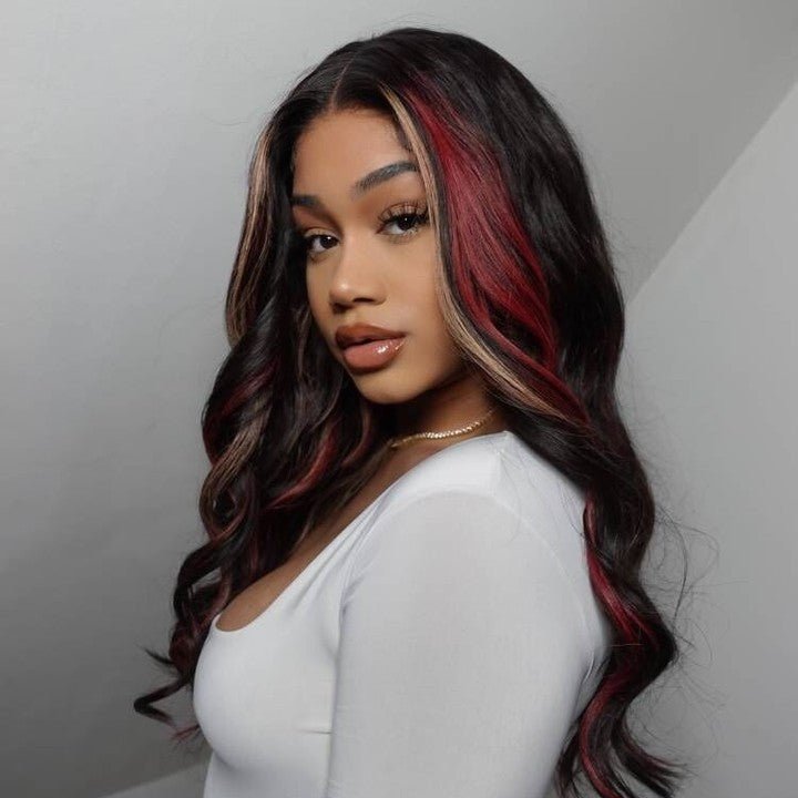 Highlight Black with Red & Blonde Straight/Body Wave 13x4 Lace Front Wig With Multi Color Highlights Loose Wave Human Hair Wigs - GeetaHair - GeetaHair