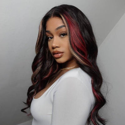 Highlight Black with Red & Blonde Straight/Body Wave 13x4 Lace Front Wig With Multi Color Highlights Loose Wave Human Hair Wigs - GeetaHair - GeetaHair