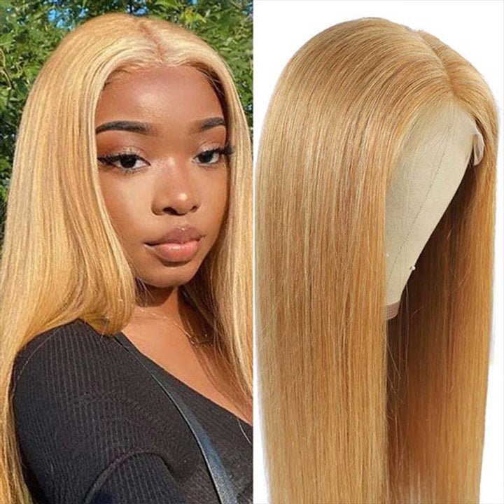 Honey Blonde Straight HD Transparent Lace Front Wig #27 Color Glueless Pre Plucked Hairline Real Human Hair Wigs - GeetaHair