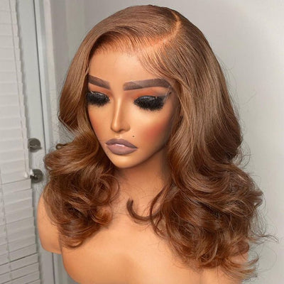 Brown Body Wave Human Hair Bob Wigs Colored Medium Length Transparent Lace Bob Wig - GeetaHair