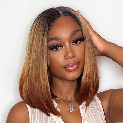 Ombre Brown Straight Short HD Lace Front Bob Wig Colored Glueless Human Hair Wigs - GeetaHair