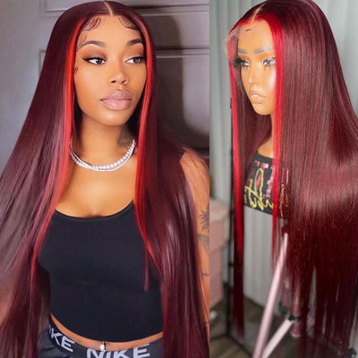 Highlight Ombre Straight Hair 99j Human Hair Wig HD Lace Font Wig Pre Plucked Natural Hairline-Geetahair