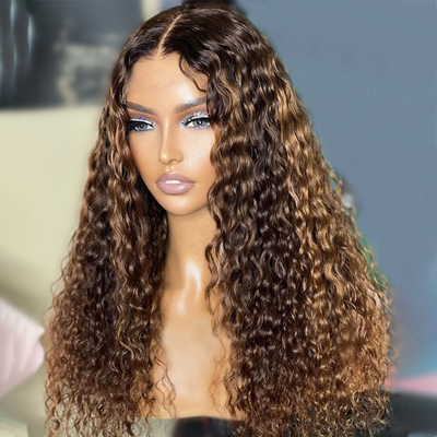 Honey Blonde Highlight Spanish Curly HD Lace Front Wig Glueless Curly Human Hair Wigs Highlights Brown Wig