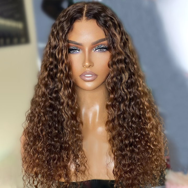 Honey Blonde Highlight Spanish Curly HD Lace Front Wig Glueless Curly Human Hair Wigs Highlights Brown Wig