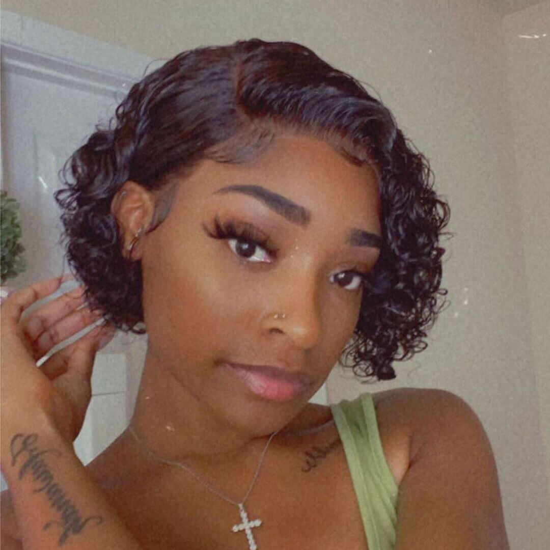 Short Curly Pixie Cut J Part Lace Frontal Wig Pre Plucked Natural Hairline For Women -Geetahair