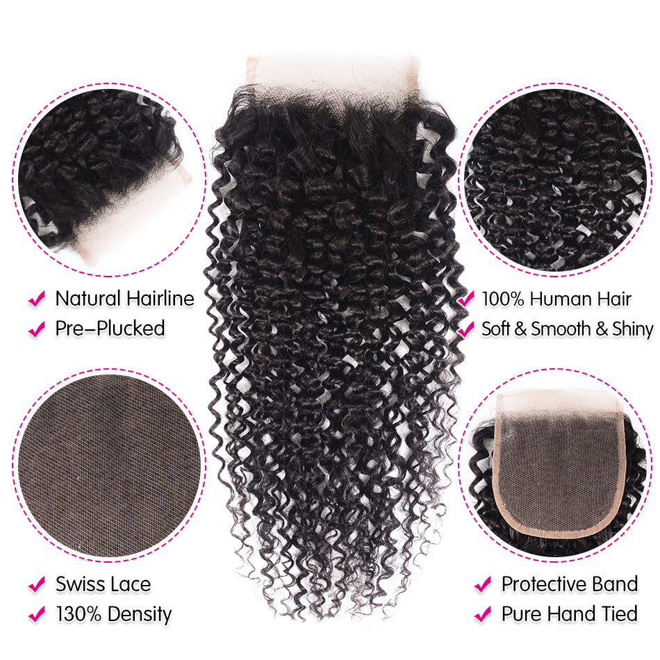 GeetaHair Kinky Curly Hair 4 Bundles With 4x4 Lace Closure Virgin Human Hair