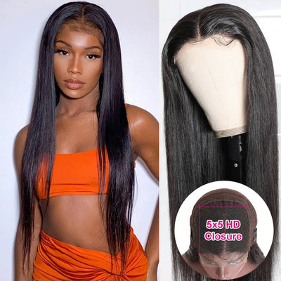 Pre Plucked Long Straight Hair Glueless 5x5 Transparent HD Lace Closure Wig Natural Black Human Hair Wig - Geeta Hair - GeetaHair