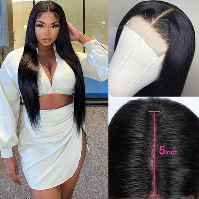 Pre Plucked Long Straight Hair Glueless 5x5 Transparent HD Lace Closure Wig Natural Black Human Hair Wig - Geeta Hair - GeetaHair