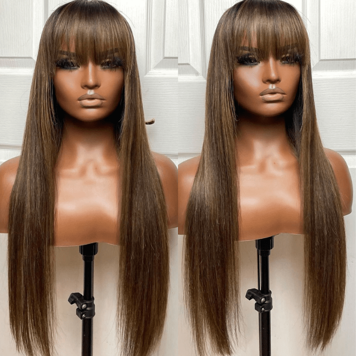 Put On&Go Light Brown With Blonde Straight Glueless 5x5 HD Lace Wig With bangs Highlight Colored Easy to Wear Human Hair Wigs - Geeta Hair - GeetaHair