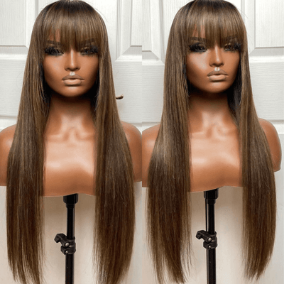 Put On&Go Light Brown With Blonde Straight Glueless 5x5 HD Lace Wig With bangs Highlight Colored Easy to Wear Human Hair Wigs - Geeta Hair - GeetaHair
