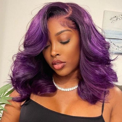 Funky Colored Wigs | Glueless 13x4/6x4.5 Smokey Deep Purple Shoulder Body Wave HD Transaparent Pre Cut Lace Human Hair Wigs With Breathable Cap Highlights Air Wig - Geeta Hair - GeetaHair